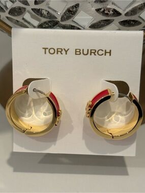 Tory Burch Gold Hoop Earrings with Red Enamel & Logo